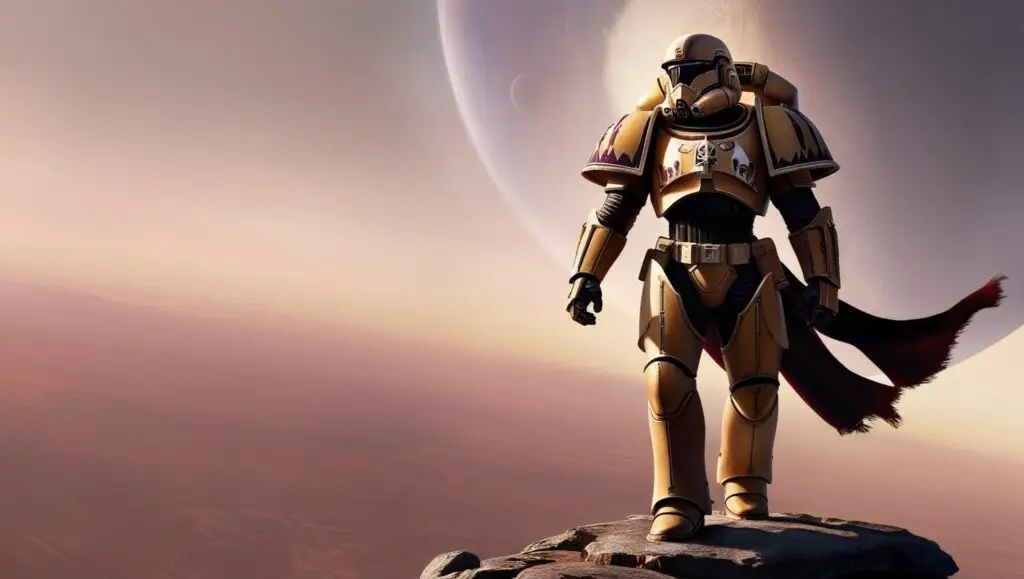 A Space Marine overlooks a war-torn cityscape in this epic scene from the best 40k books, capturing the grimdark essence of the Warhammer 40,000 universe.